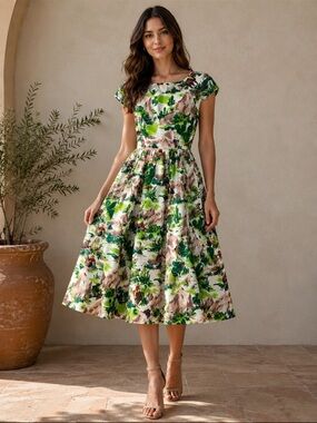 Emily and Fin Green Flare Midi Dress with Cap Sleeves 100% Cotton